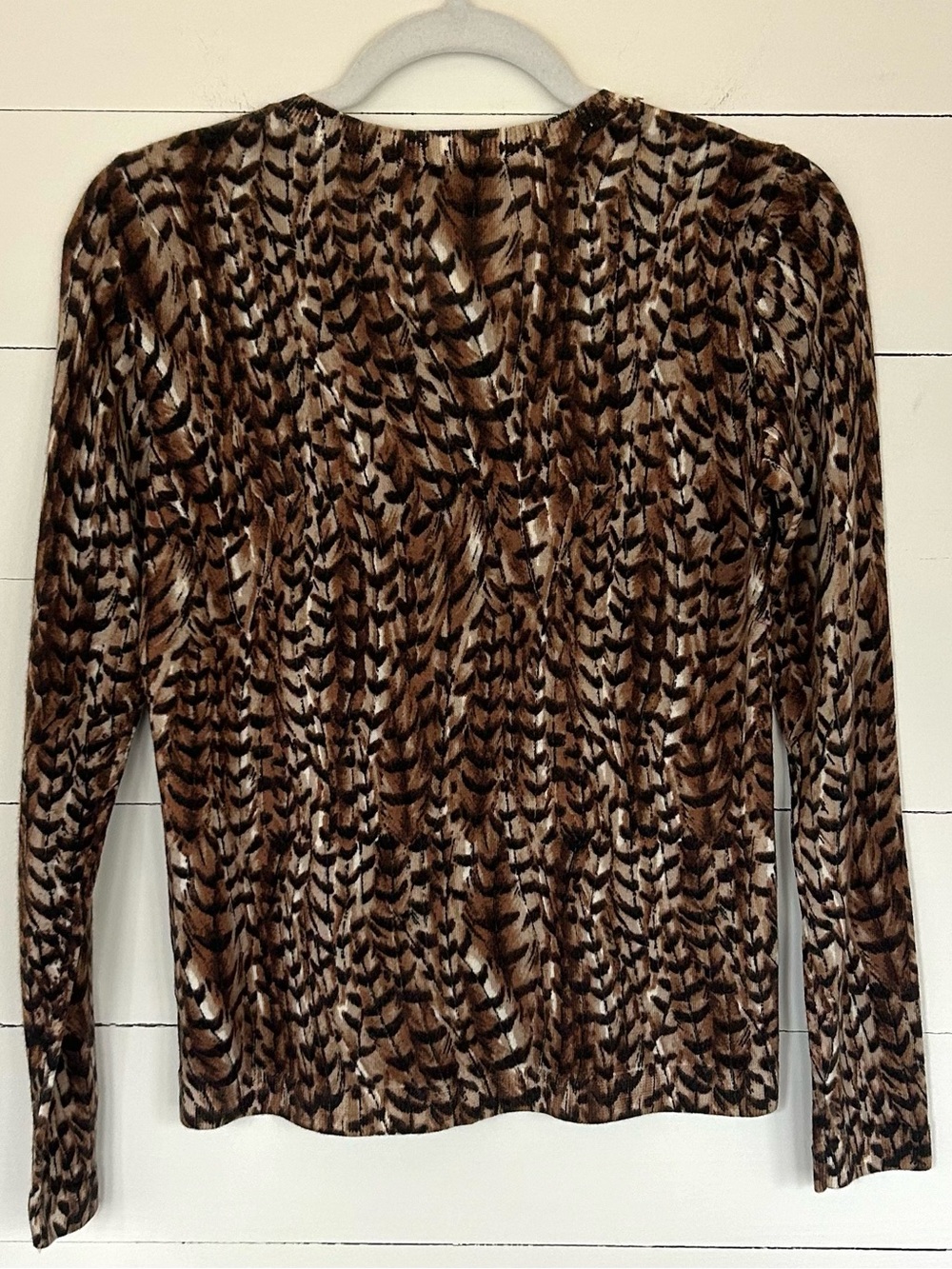 Talbots Brown & Cream Feather Inspired Long Sleeve Cardigan, Size SP - Picture 2 of 6